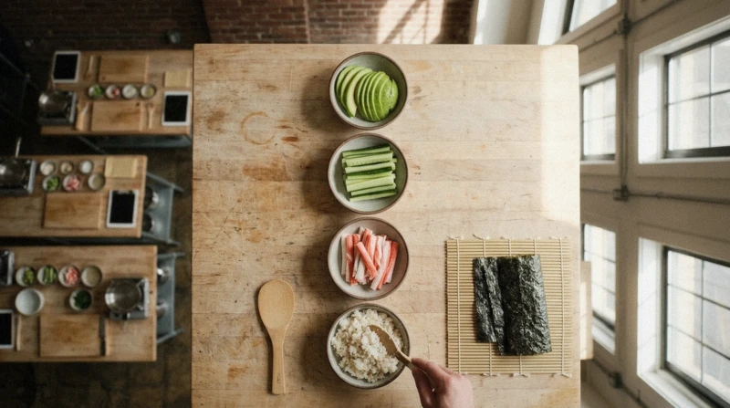 Hands arranging bowls of sushi ingredients before a sushi making class in NYC, the setup included in the class price