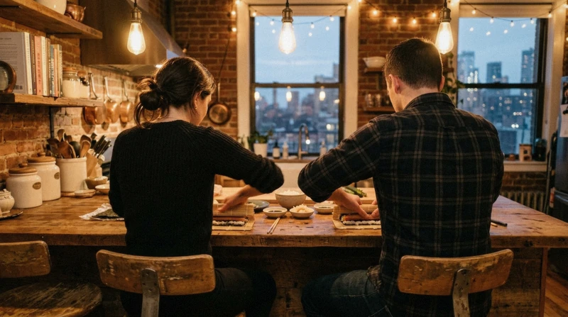 A couple rolling sushi side by side on a date night sushi making class in NYC under warm evening lights