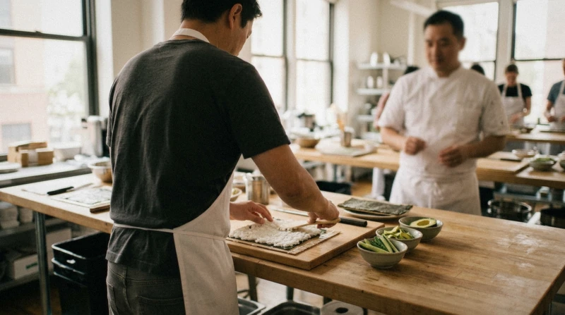 A first-timer spreading sushi rice on nori at a beginner sushi making class in NYC while the chef demonstrates