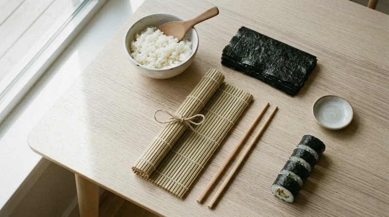 A sushi making gift set with bamboo mat, chopsticks and a finished roll, how a sushi making class in NYC arrives as a gift
