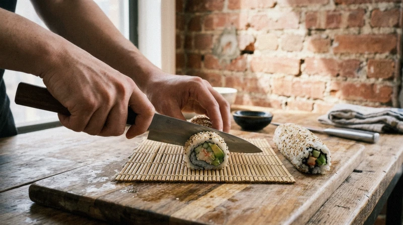 Slicing a finished California roll at a Brooklyn sushi making class in NYC with exposed brick behind the counter